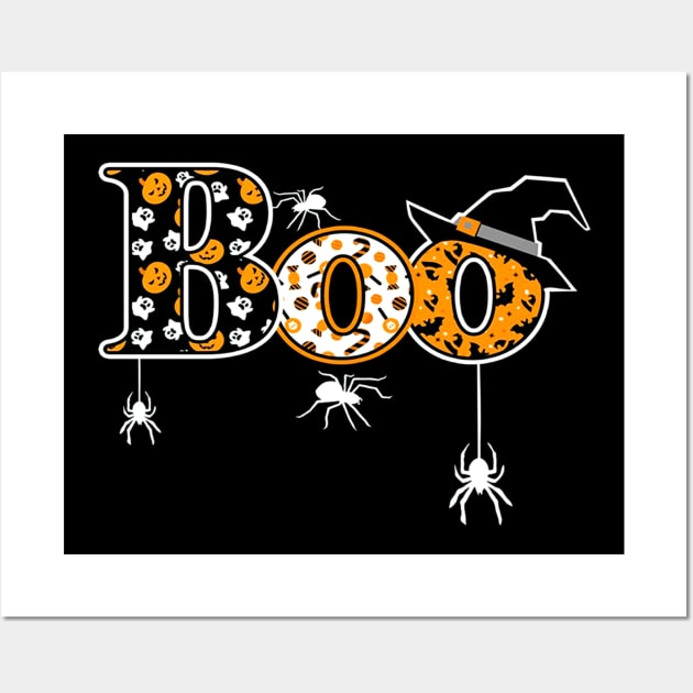 Boo Halloween T Shirt With Spiders And Witch Hat Wall Art by klausgaiser